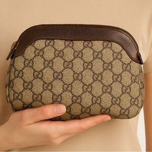 Gucci Beige Monogram Canvas and Brown Leather Clutch